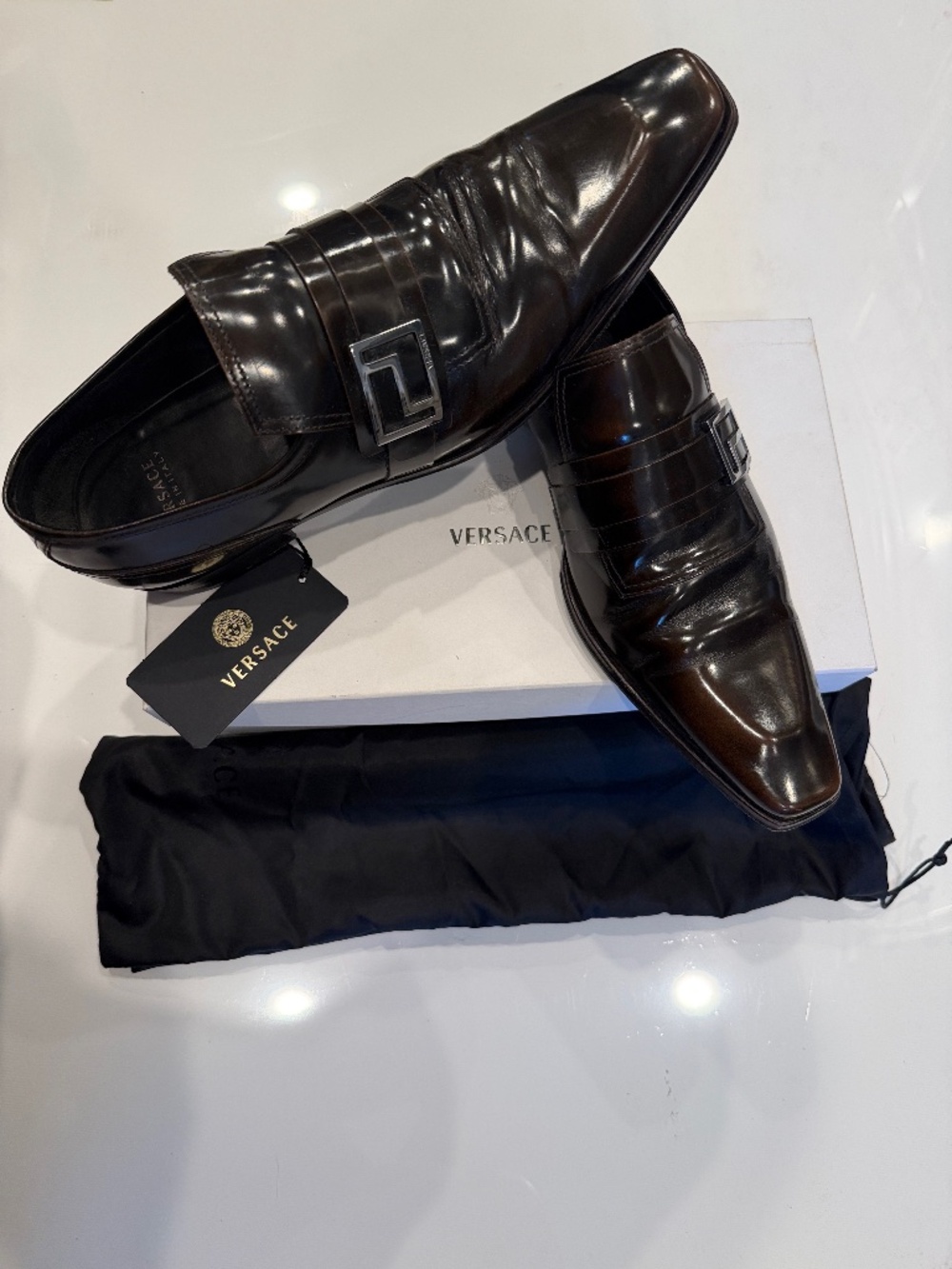 Versace Brown Leather Slip-On Loafers with Buckle Accent